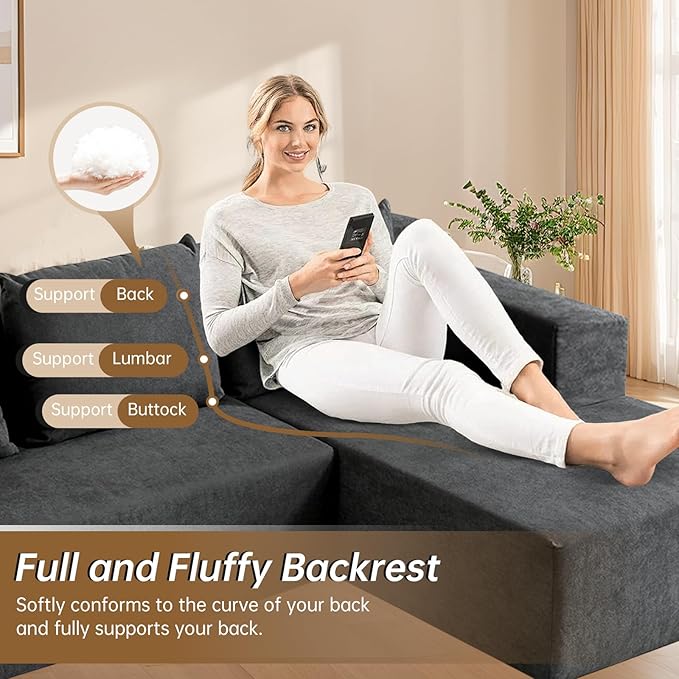 ANONER 103” Cloud Sectional Sofa L-Shaped Boneless Couch Modern Minimalist Modular Free Combination Foam Sofa with Deep Seat for Living Room No Assembly Required Dark Grey