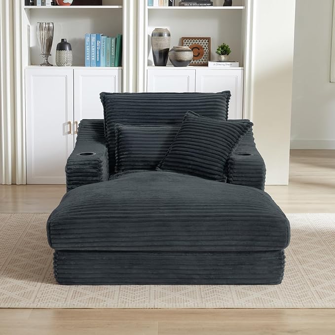 67.7 Oversized Chaise Lounge Chair Indoor Modern Corduroy Single Sleeper Couch Chair with 3 Soft Pillows＆Cup Holder Boneless Cloud Couch Single Seat Sofa for Living Room Bedroom (Dark Gray)