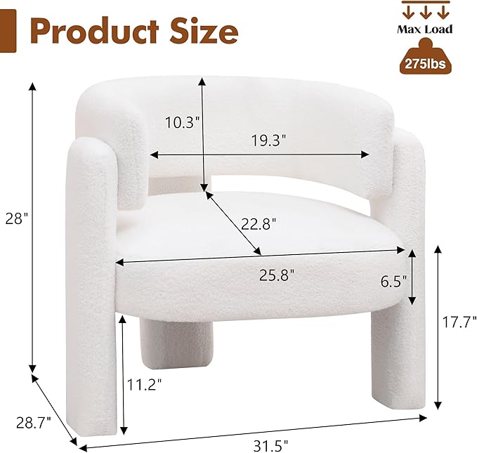 Accent Chairs Set of 2 Modern Sherpa Barrel Chairs Upholstered Living Room Chairs with 3 Legs Comfy Armchair Reading Side Chair for Bedroom Office Apartment White