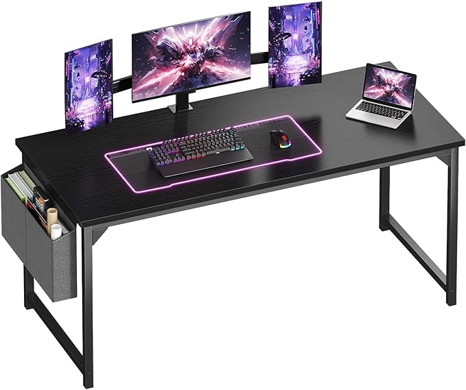 OLIXIS Computer Desk 63 Inch Home Office Desks for Small Spaces Gaming Writing Study Work Table with Storage Bag for Bedroom Black