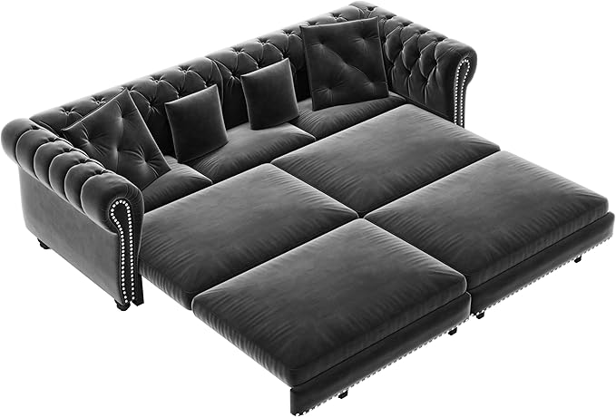 Eafurn 3 in 1 Oversized Chesterfield Loveseat Sofa Convertible Pull Out Sleeper Sofabed King Size Couch Bed w/Movable Ottoman and Nailhead Trim for Living Room Tufted Velvet Recliner Daybed Sofacama