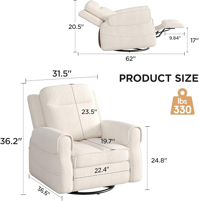 Maupvit Faux Shearling Recliner Chair - 360° Swivel Rocker with Adjustable Footrest and Backrest Plush Upholstered Single Sofa for Small Spaces for Living Room/Nursery/Home Theater (Cream White)