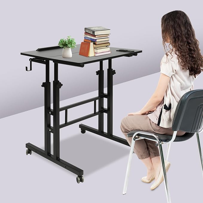 Standing Desk Adjustable Laptop Desk Mobile Stand up Desk with Wheelsfor Standing or Sitting Portable Computer Desk for Home OfficeStudent DormitoriesGame Rooms-Black