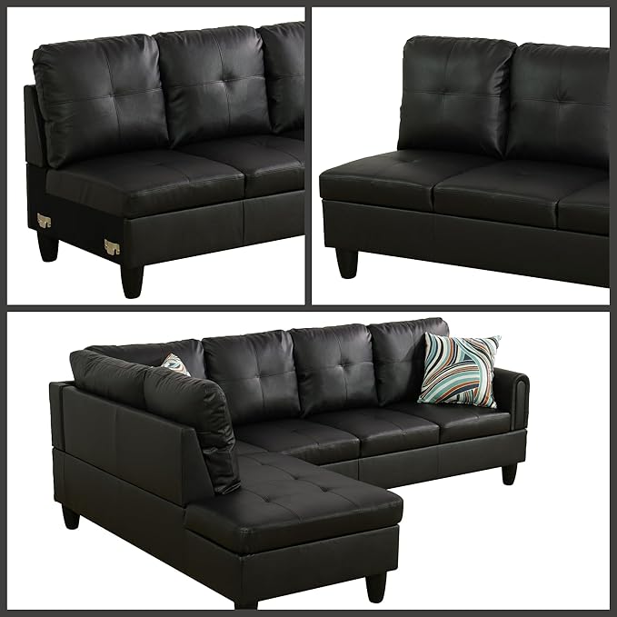 L Shaped Couch Sectional Couches with Chaise 3 Pieces Modular Convertible Sofa for Living Room Furniture Sets and Small Apartment Faux Leather Black