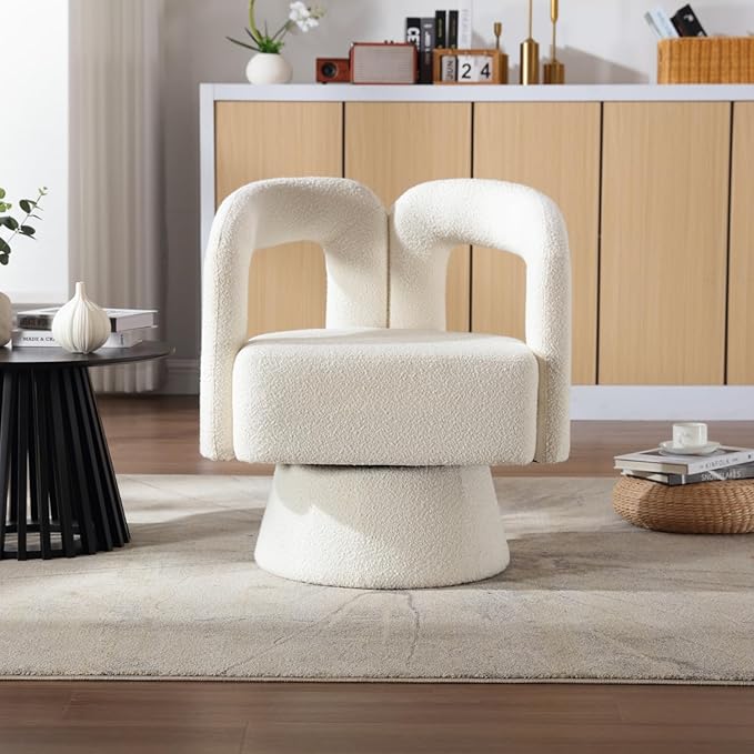 360 Degree Swivel Cuddle Barrel Accent Chairs Round Armchairs with Wide Upholstered Fluffy Fabric Chair for Living Room Bedroom Office Waiting Rooms (Beige)