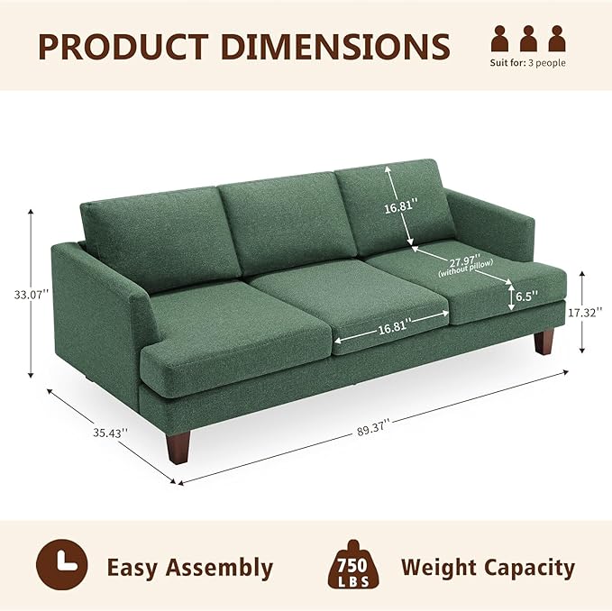 Mid Century Modern Couches for Living Room 89 Comfy Green Couch Sofa with 3-Seater Deep Seats Upholstered Sofas for Living Room Office Apartment Bedroom