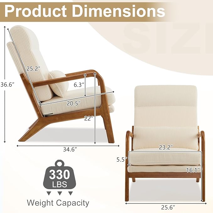 Karl home Mid-Century Modern Accent Chair Living Room Chairs with Pillow High Back Corduroy Upholstered Lounge Armchair with Solid Wood Frame &amp Soft Cushion for Bedroom Reading Room Beige