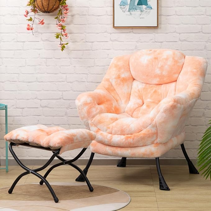 HollyHOME Lazy Chair with Foldable Ottoman Accent Comfy Lounge Armchair and Folding Footrest Stool Leisure Sofa Reading Chair and Footstool for Living Room Bedroom DormFaux Fur Peach