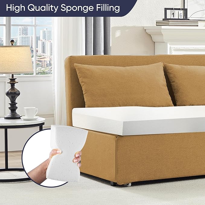 ijuicy 3 in 1 Queen Size Pull Out Sofa Bed Linen Sleeper Sofa with Pullout Bed Convertible Loveseat Couch Beds with Pillows and Tri-fold Mattress for Small Space Apartment Mustard Yellow