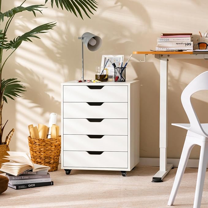 File Cabinet Mobile Filing Cabinet w/Universal Wheels &amp 5 Drawers Wood Printer Stand with Storage Rolling File Cabinets for Home Office Living Room Bedroom (White 5 Drawers)