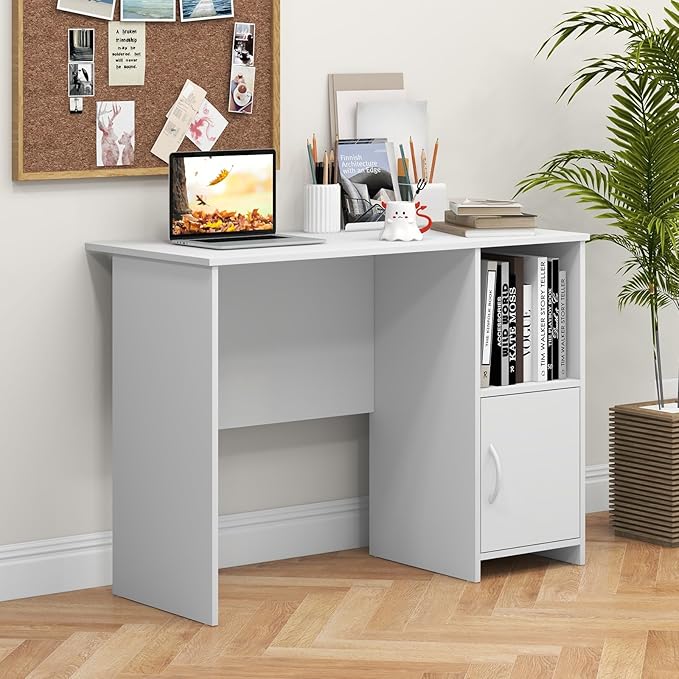 GOFLAME Modern Computer Desk with Cabinet Writing Study Desk with Cable Holes &amp Open Shelf Laptop PC Desk with Storage Compact Computer Workstation for Home Office White