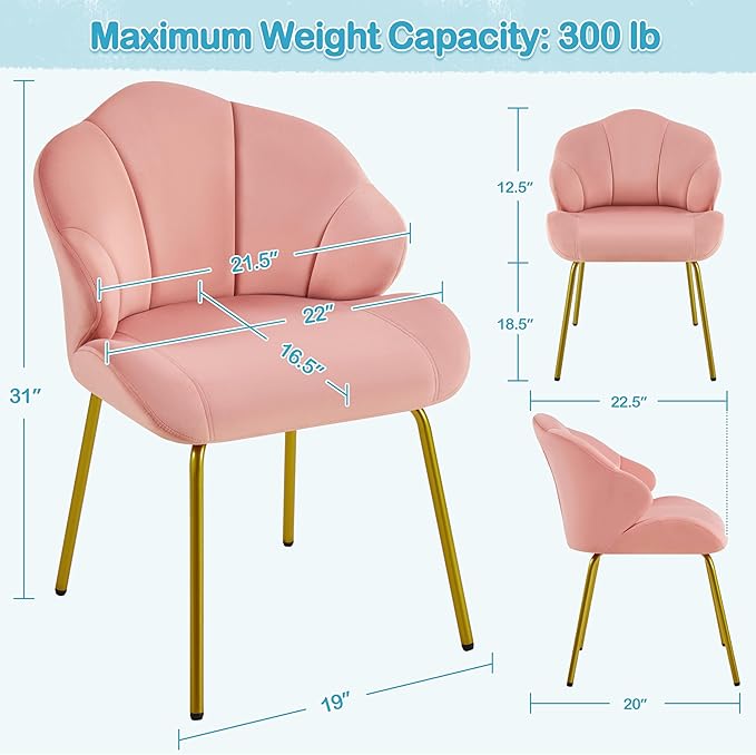 Yaheetech Vanity Chair Velvet Accent Chair with Shell-Shaped Backrest Modern Armchair with Gold Metal Legs for Dressing Room/Bedroom/Living Room Pink