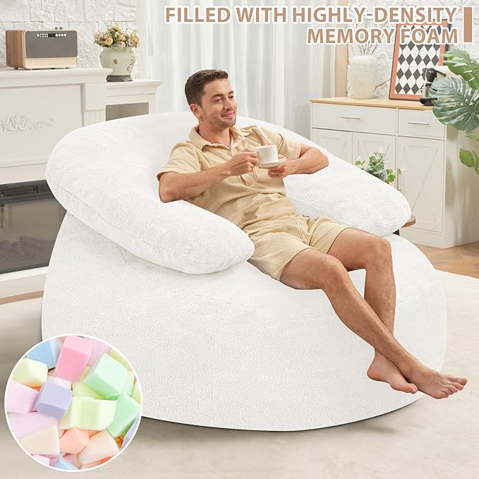 HABUTWAY Giant Bean Bag Chair Oversized Beanbag Chair with Filler Ultra Soft Teddy Fleece Bean Bag Lounge Floor Sofa w/U-Shaped Pillow for Gaming Reading Beige &amp Beige