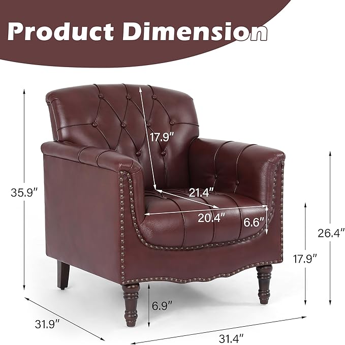 Faux Leather Accent Chairs Set of 4 Modern Armchair Club Chair with Nailhead Trims &amp Wood Legs for Living Room Upholstered Comfy Arm Chair Side Chair for Office Bedroom-Dark Red