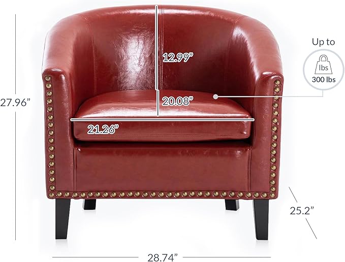 BELLEZE Accent Barrel Chair Modern Tub Club Chair Upholstered Armchair for Living Room Faux Leather Chair with Gold Nail Head Trim Black Legs - Kyara (Red)