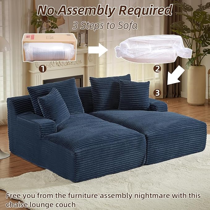 Oversized Double Chaise Lounge Chair IndoorWide Corduroy Boneless Chaise Lounges SofaComfy Upholstered Cloud CouchNo Assembly Required Loveseat Sleeper Chair Bed for Living Room(Dark Blue)