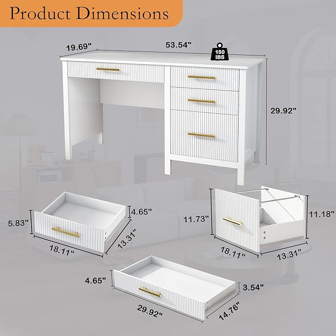 White Executive Desk with Drawers: 54 Wood Computer Desk with File Drawer Modern Home Office Desks with Storage Fluted Writing Desks for Working Studying (White 54)