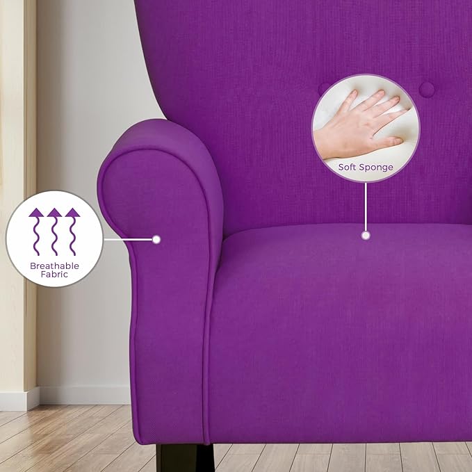 MELLCOM Fabric Living Room Chair Modern Upholstered Accent Chair with Solid Wood Legs and High Back Single Sofa Club Chair for Living Room Bedroom and Home Office Purple