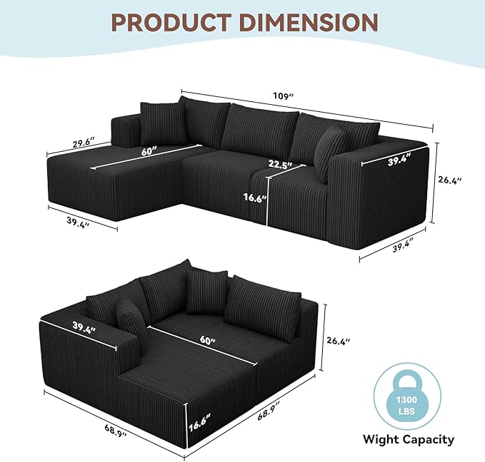 109 Modular Sectional SofaBoneless Couch for Living RoomCloud Sectional Couch with Deep SeatModular L-Shape Sofa with ChaiseNo Assembly RequiredBlack(Plush Corduroy Fabric)