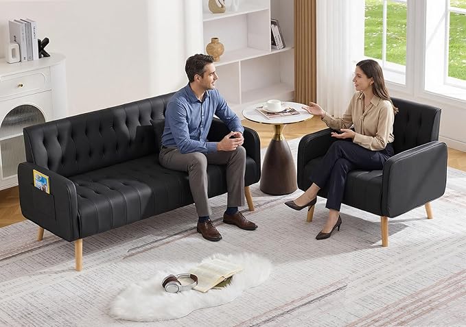 Black Leather Loveseat and Accent Chair Small Couch w/USB Charging &amp Pockets Mid Century Modern Tufted Love Seat and Chair Set Mini Office Sofa for Living Room Apartment