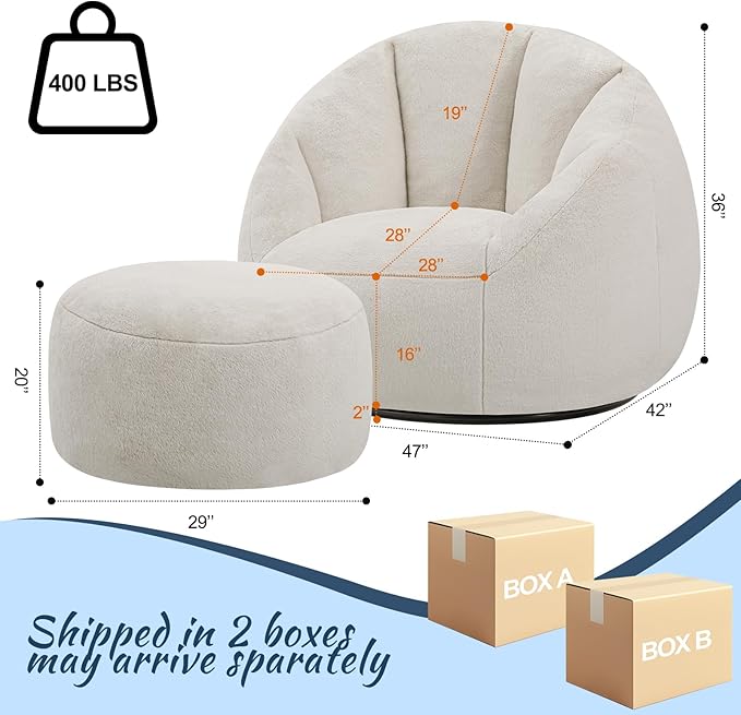 Oversized Fluffy Swivel Accent Chair with Ottoman 360 Degree Rotating Barrel Lounger Set Modern Cozy Reading Nook Chair with Footrest Plush Faux Fur Fabric &amp High-Density Memory Foam Beige