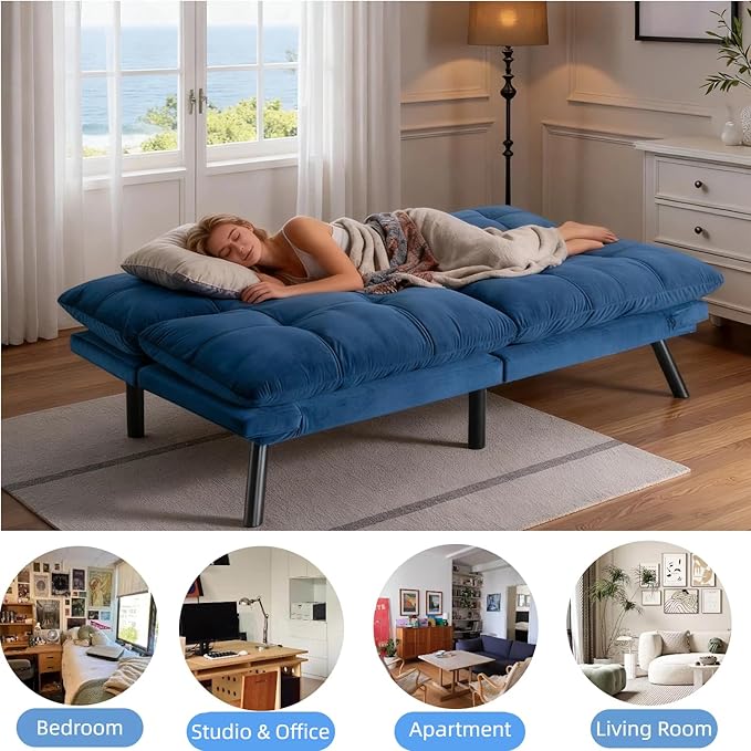 71-inch Microfiber Upholstered Futon Sofa Bed - 2 Seats Adjustable Arms/Back Iron Legs | Convertible to Sleeper for Main Living Spaces Bedrooms Offices (Navy Blue+2Seat)