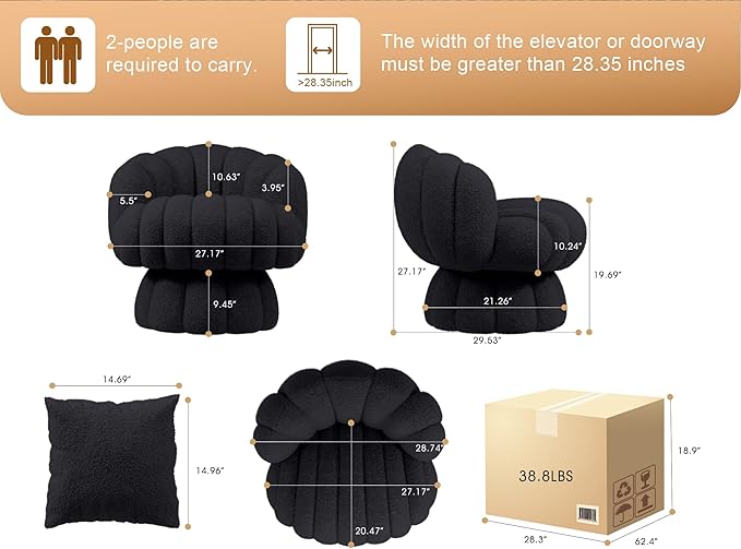 Teddy Fleece Swivel Vanity Chair - Armless Padded Accent Desk Chair for Bedroom Living Room Black