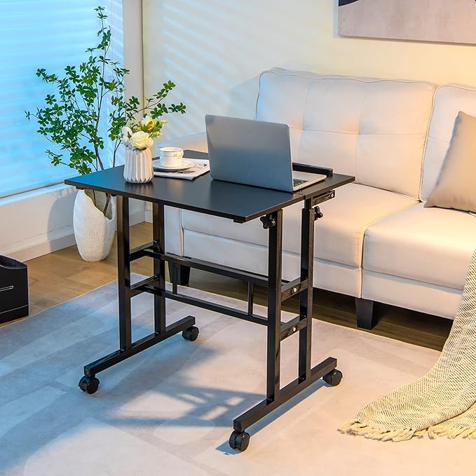 Tangkula Mobile Stand Up Desk Height Adjustable Home Office Desk with Standing &amp Seating 2 Modes Tilting Tabletop &amp Flexible Wheels Rolling Laptop Cart Sit Stand Desk (Black)
