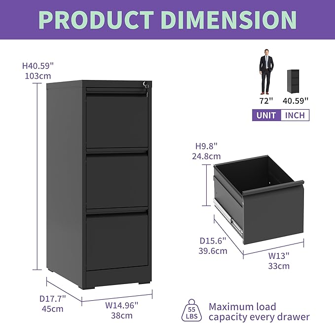3 Drawer Small Metal Vertical File Cabinet with LockUnder Desk Storage OrganizerFiling Cabinets for Home Office Locking Drawers for A4 Legal/Letter Size3Black