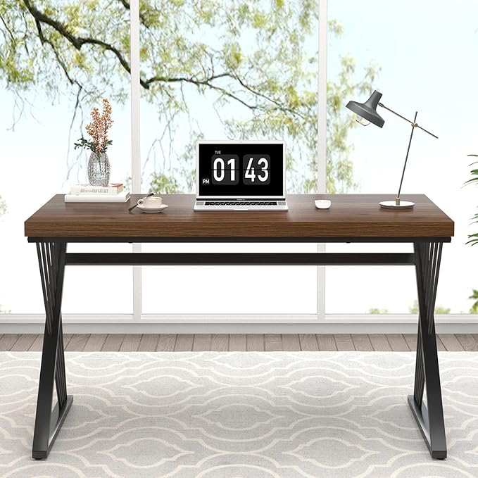 FOLUBAN Home Office Desks Modern Wood and Metal Writing Study Work Table Industrial Computer Desk for Bedroom Living Room Rustic Walnut 47 Inch