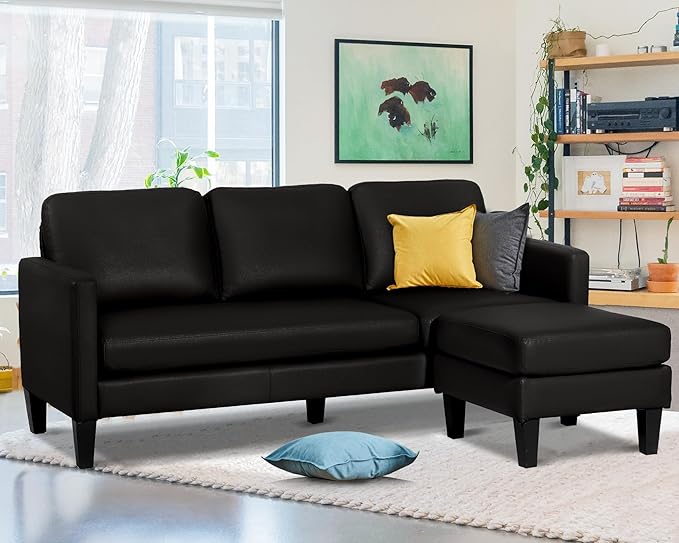 Faux Leather Sectional Couch L Shaped Sofa with 3 Seater Couch and Reversible Chaise Convertible PU Leather Comfy Couches for Living Room (Black)