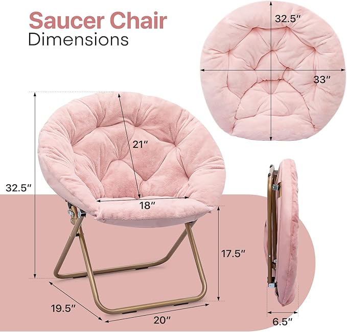 Round Comfy Saucer Chair Metal Frame Cozy Lounge Lazy Chair Folding Faux Fur Saucer Chair for Adults Foldable Papasan Moon Chair for Bedroom Living Room Dorm (Pink Seat/Gold Stand)