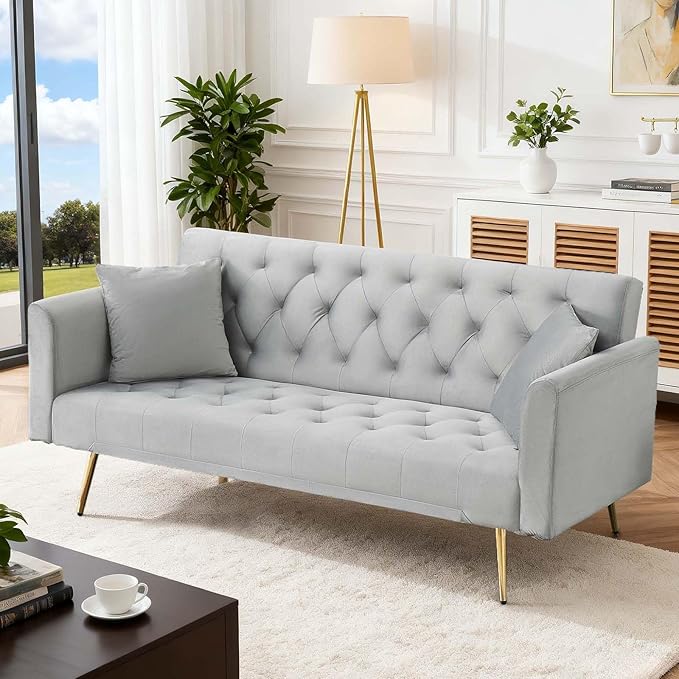 71Convertible Futon Sofa Bed - Modern Velvet Sleeper Couch with Adjustable Backrest Tufted Recliner with Golden Chrome Legs &amp 2 Pillows Perfect for Small Spaces Living Room &amp Apartment (Gr