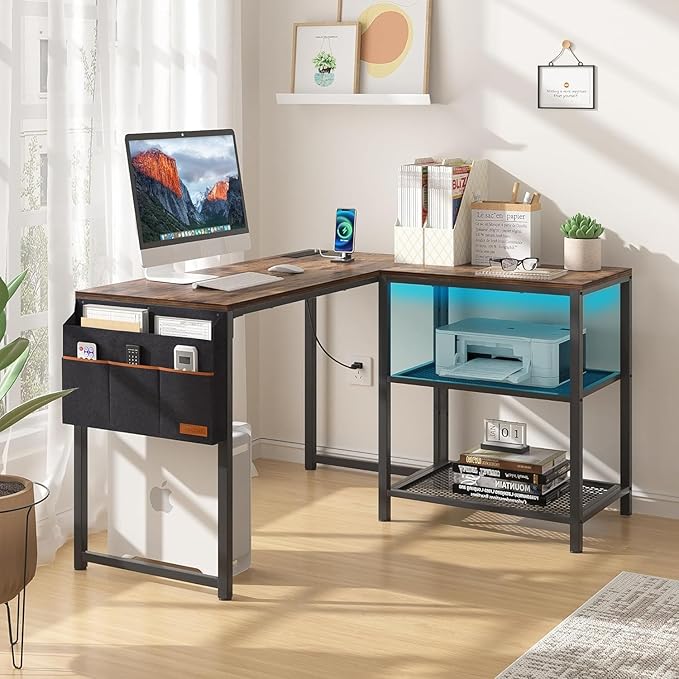 VECELO L Shaped Computer Desk 49 Inch Writing Study Corner Gaming Table with Storage Shelves and Side Bag for Home Office Workstation