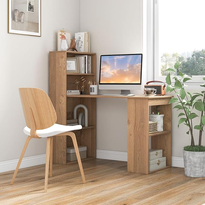 Giantex 48 Inch Computer Desk with Bookshelf 3-in-1 Home Office Desk with 4-Tier Bookcase &amp CPU Stand Space-Saving Reversible Writing Desk Work Table for Bedroom Study Room Office (Natural)