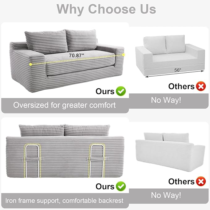 GNIXUU Corduroy Cloud Loveseat Sofa 2 in 1 Convertible Sleeper Sofa with Fixed-Shape Frame Comfy Folding Boneless Love Seat Couches for Living Room Apartment Small Spaces Grey