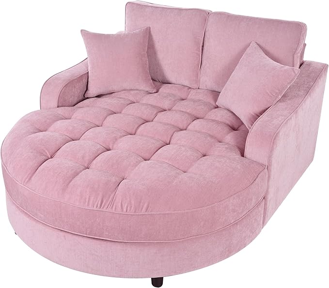Merax 55 Modern Chaise Lounge Sofa Bed Chenille Upholstered Couch with Tufted Seat and Removable &amp Adjustable Pillows for Living Room Pink