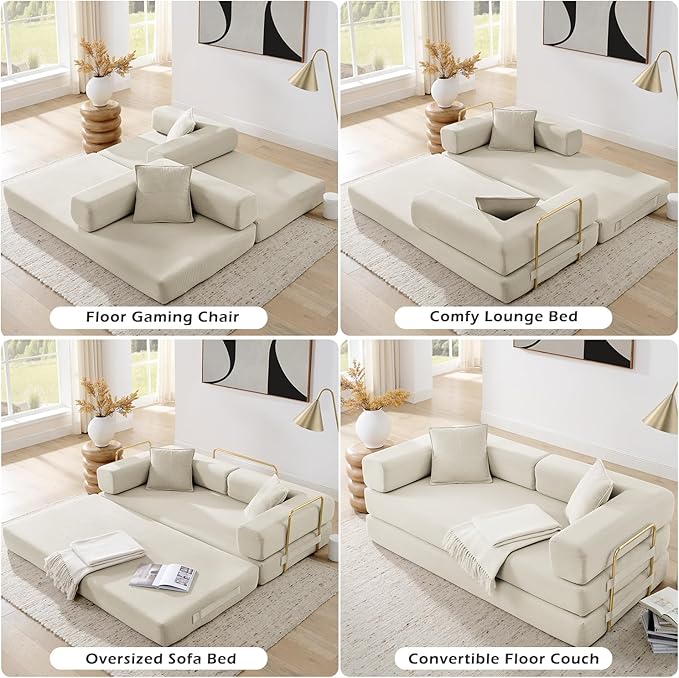 4-in-1 Folding Convertible Floor Sofa Bed 78 Oversized Compression Sofa No Assembly Required King Futon Lazy Couch Corduroy Loveseat Sleeper with Pull Out Bed Modular Futon Couch