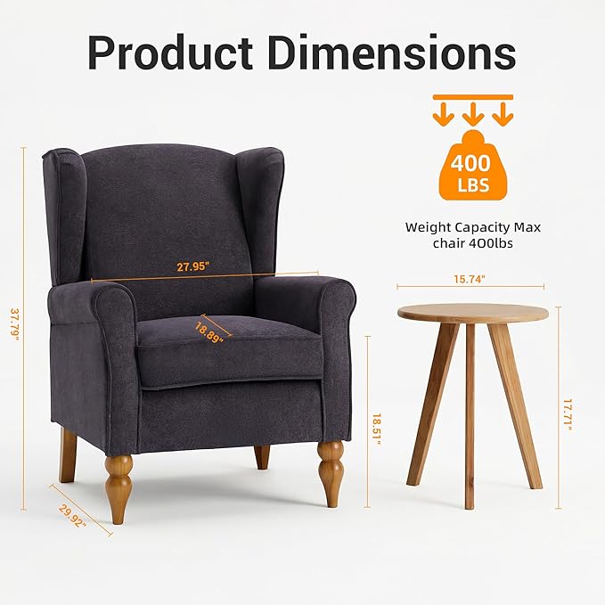Modern Wingback Living Room Chair Upholstered Accent Armchair Single Sofa Chair with Lounge Seat and Wood Legs for Office/Bedroom/Reading Spaces Dark Grey