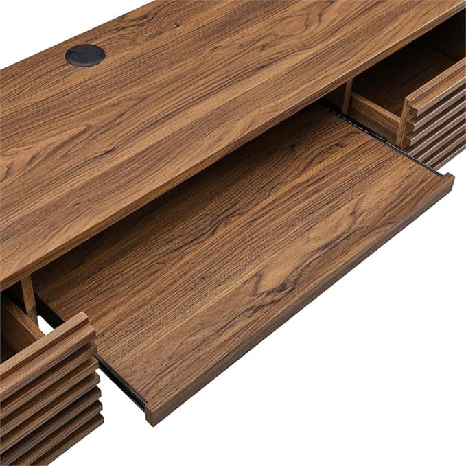 Pemberly Row Wall Mount Office Desk 60 in Wide Particleboard and Wood Walnut Finish Pull-Out Keyboard Tray Cable Management Full-Extension Glide Drawers Mid-Century Style for Home Office or