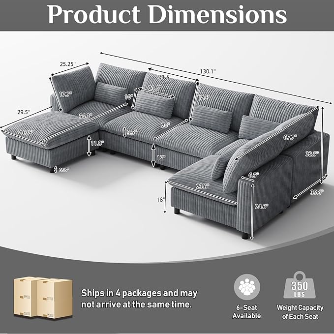 130 Oversized Cloud Couch Large Modular Sectional Sofa Modern U Shaped Sectional Couch 6 Deep Seat Sofa Set for Living Room Comfy Plush Corduroy Cloud Sofa with Ottoman USB Port Cup Holder Gray
