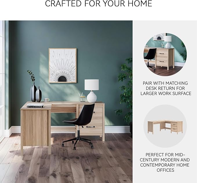 Signature Design by Ashley Battelle Casual L-Shaped Chevron Pattern 60 Home Office Desk with Return Drawer and Cabinet Light Brown