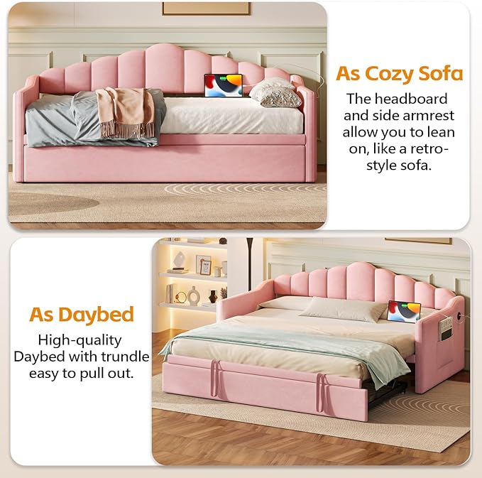 Bellemave Upholstered Twin Daybed with Pop Up Trundle USB &amp Type-C Charging Ports 2 Side Pockets No Box Spring Needed Velvet Modern Day Bed Frame (Pink)