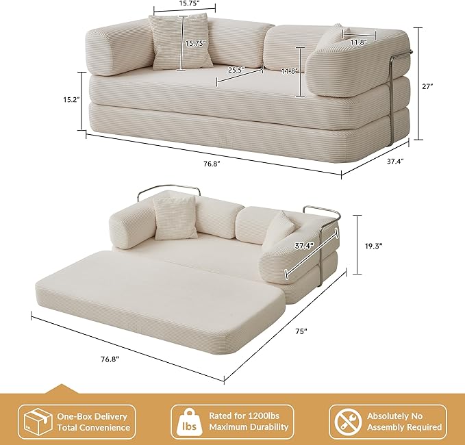5-in-1 Convertible Sofa Bed Boneless Floor Couch Queen Size with Magic Pillow Blankets Zero-Assembly Sleeper Futon for Apartments Renters &amp Micro-Living Spaces Cream