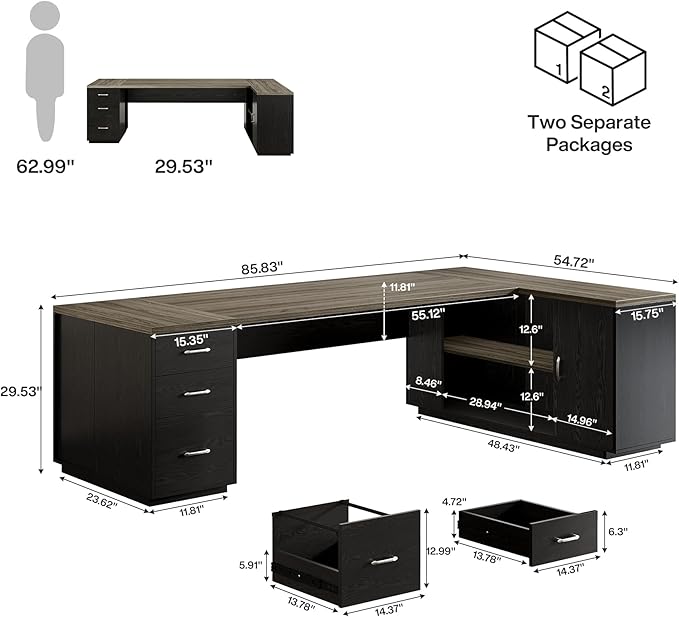 Tribesigns 85.8-Inch L-Shaped Executive Desk with File Drawers Door Cabinet &amp Shelves Extra Large Commercial Office Desk Modern Professional Office Table Business Furniture Grey &amp Black