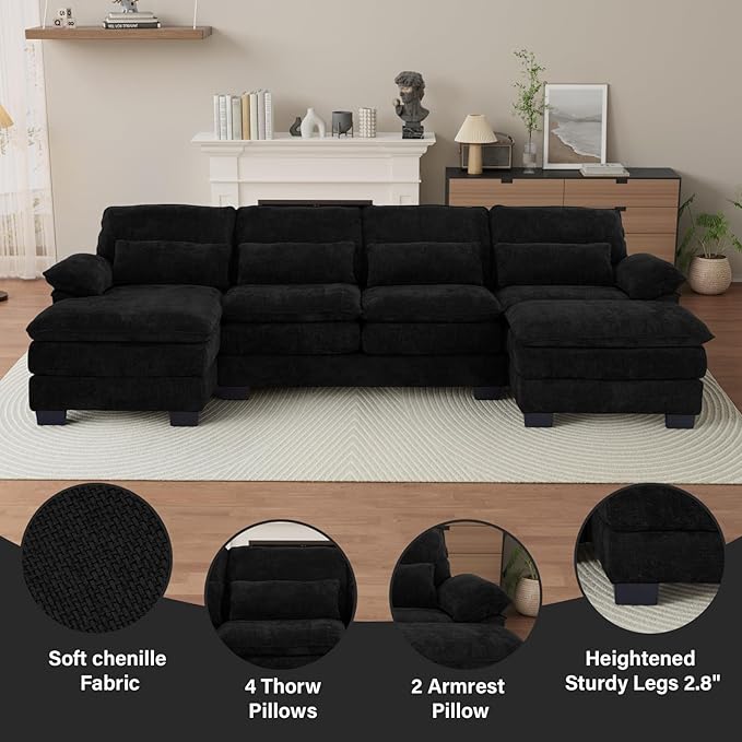 OUYESSIR 114 U Shape Sectional Cloud Couch with OttomanFluffy Sectional Couches for Living Room4 Seater Modular Sectionals SofaComfy Cloud Sofas &amp Couches with 4 PillowsLight Black