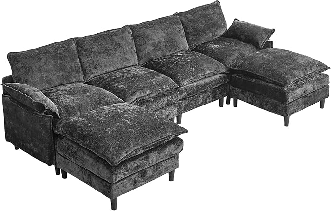 121 U Shaped Modular Sectional Sofa with Movable Ottomans Comfy Fluffy Cloud Chenille Grey Sectional Couches for Living Room Cloud Couch Sectional Sofa with Memory Foam &amp Double Cushion