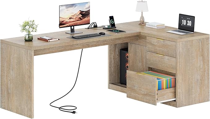 78 Inch L Shaped Office Desk with Drawers Fluted L Shape Computer Desk Executive Office Desk with File Cabinet Storage Shelves and Power Outlets Sturdy Writing Workstation Natural Oak