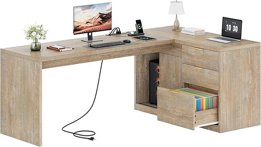 78 Inch L Shaped Office Desk with Drawers Fluted L Shape Computer Desk Executive Office Desk with File Cabinet Storage Shelves and Power Outlets Sturdy Writing Workstation Natural Oak