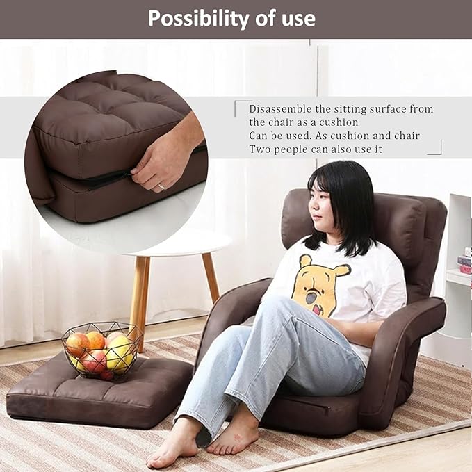 FLOGUOR 14-Position Adjustable Floor Chair Chaise Lounge Indoor Folding Lazy Sofa with Armrests and a Pillow Padded Adults Gaming Chairs for Living Room Bedroom Factory Price8803 (Coffee(PU))